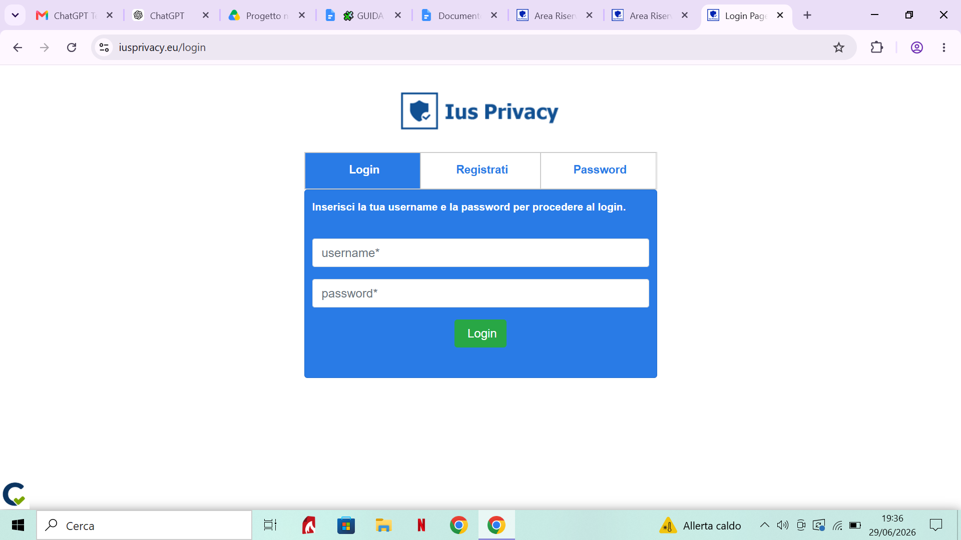 Campi di inserimento credenziali di accesso