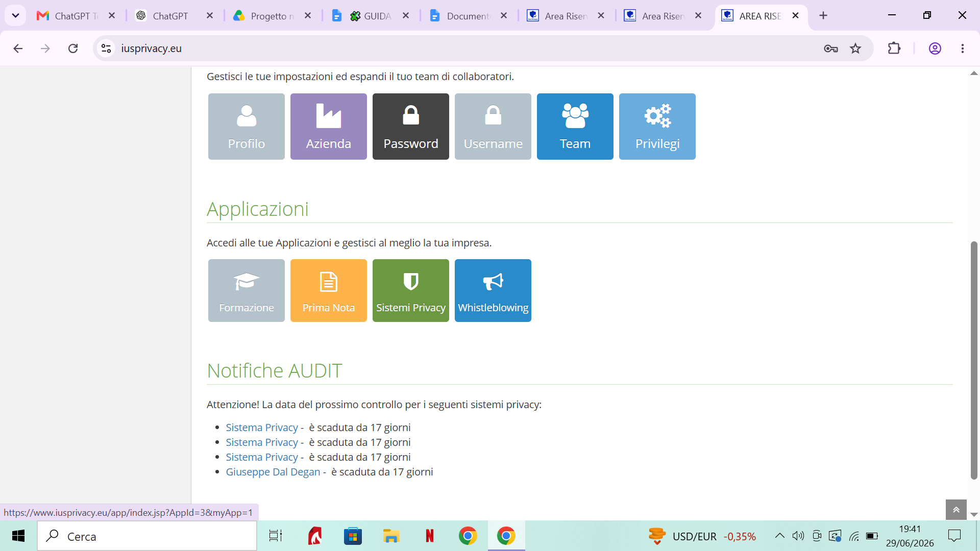 Pulsante Sistema Privacy nell'area riservata