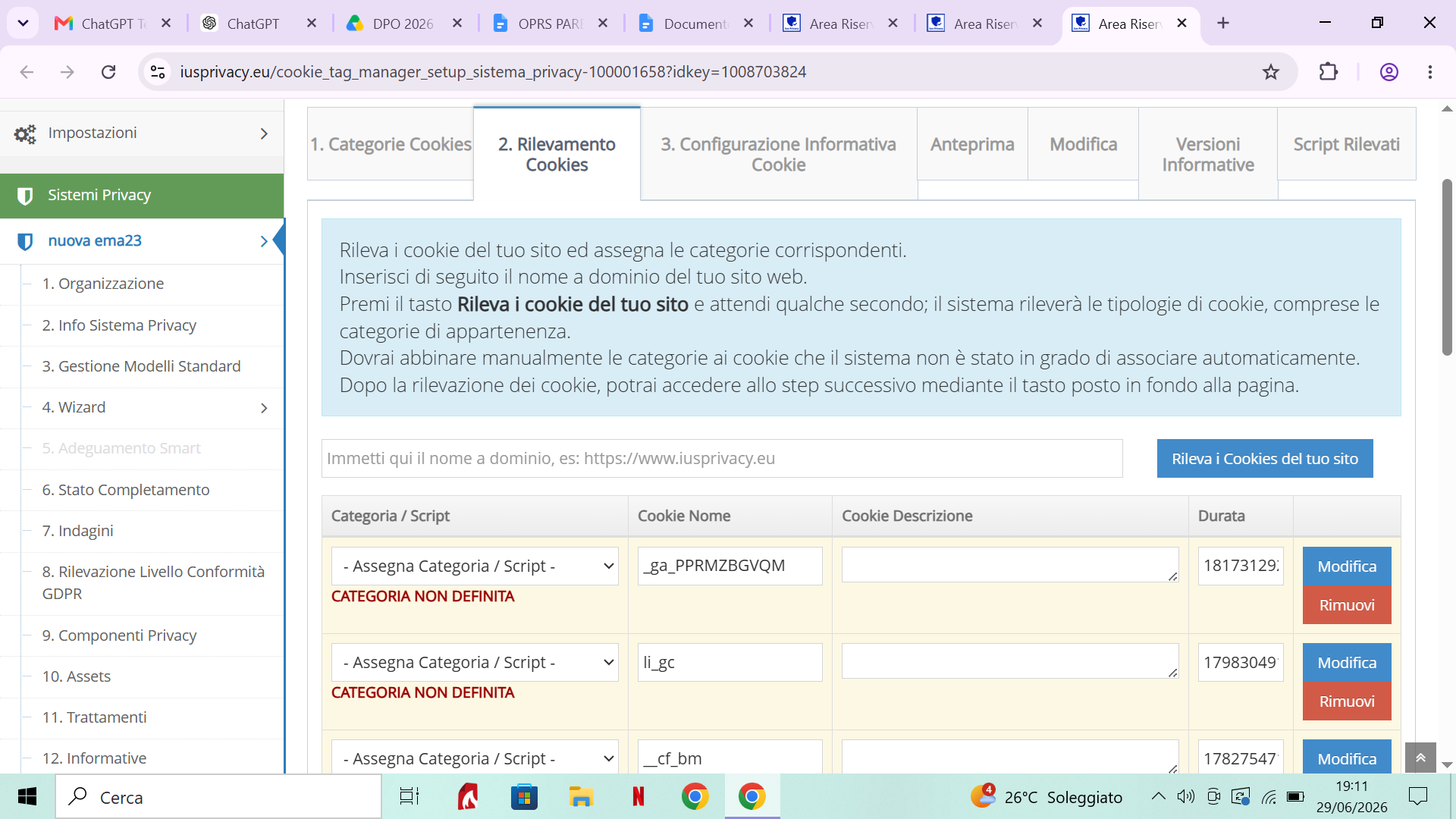 Configurazione delle categorie di cookie