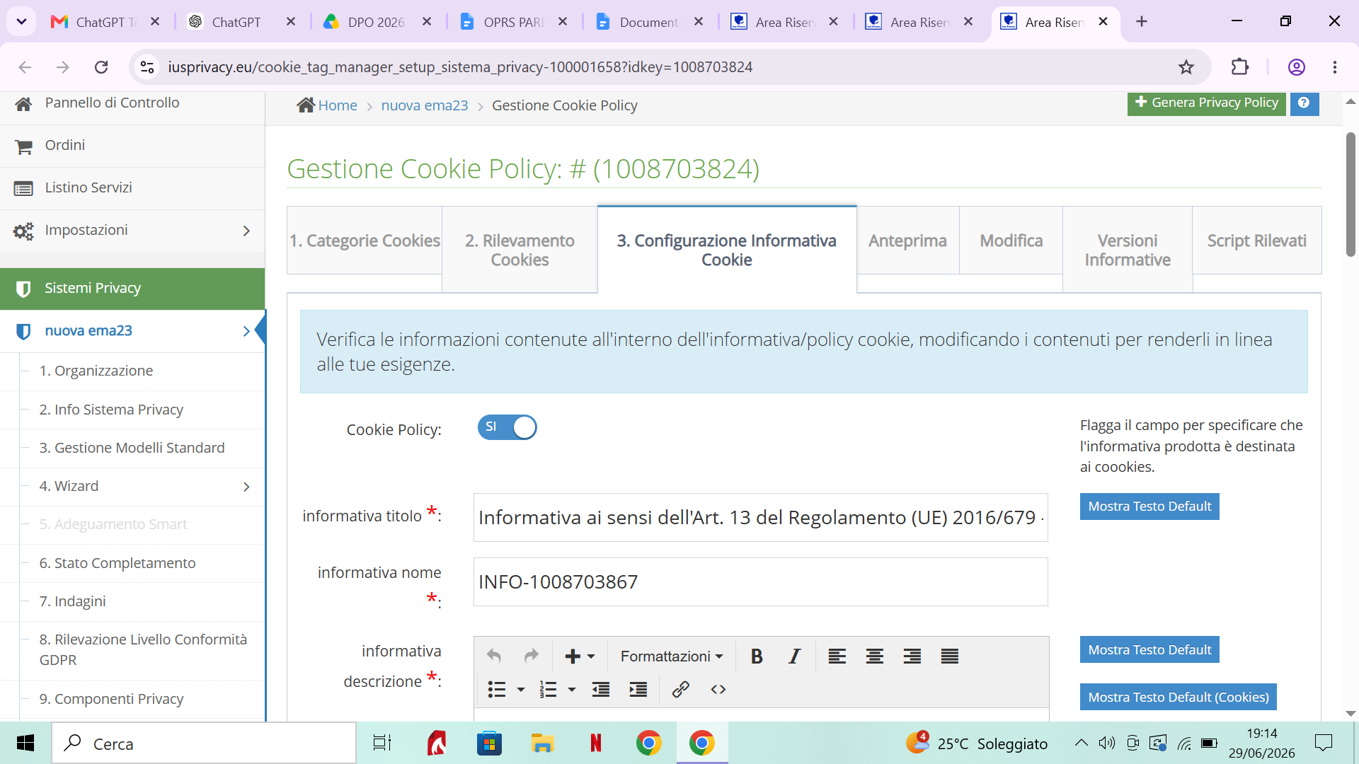 Tab Configurazione Informativa Cookie