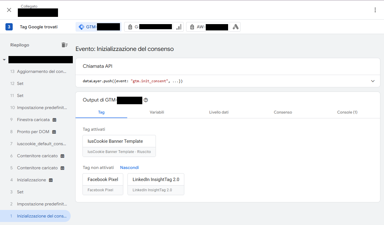 Verifica del banner e dei tag nel Tag Assistant